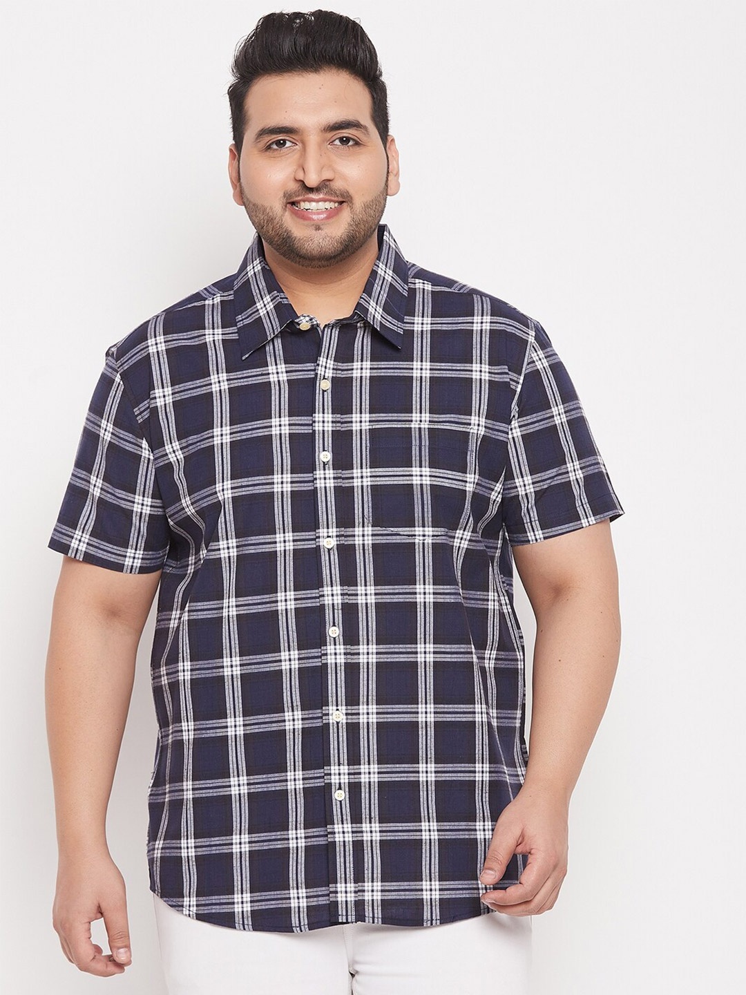 

bigbanana Plus Size Men Navy Blue Classic Checked Casual Shirt