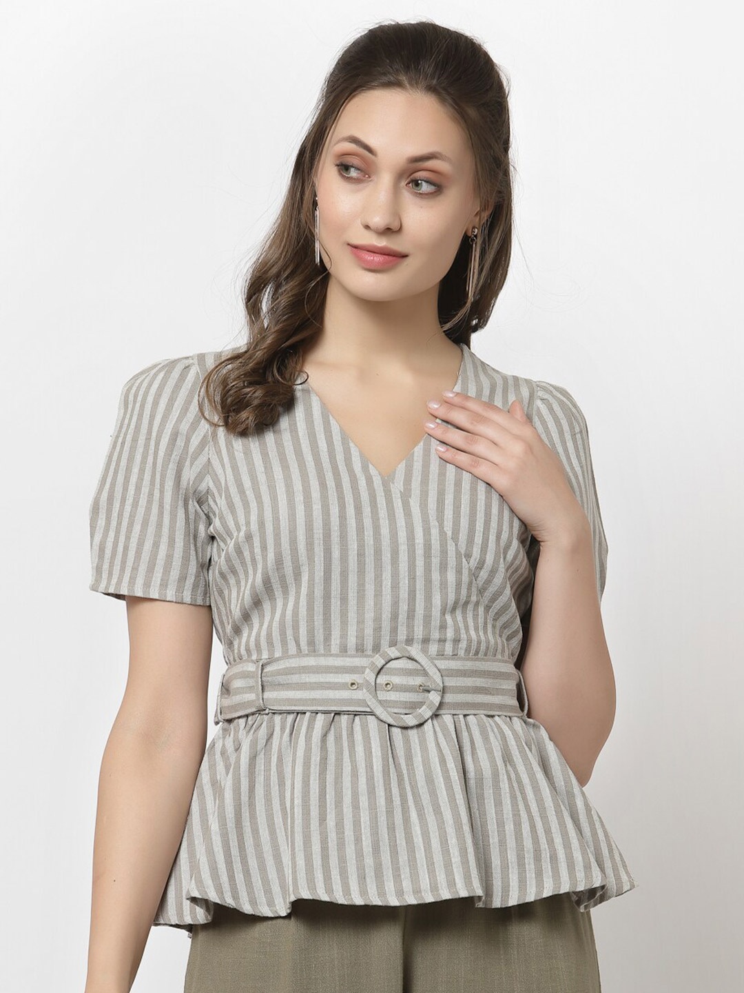 

Gipsy Khaki Striped Peplum Top