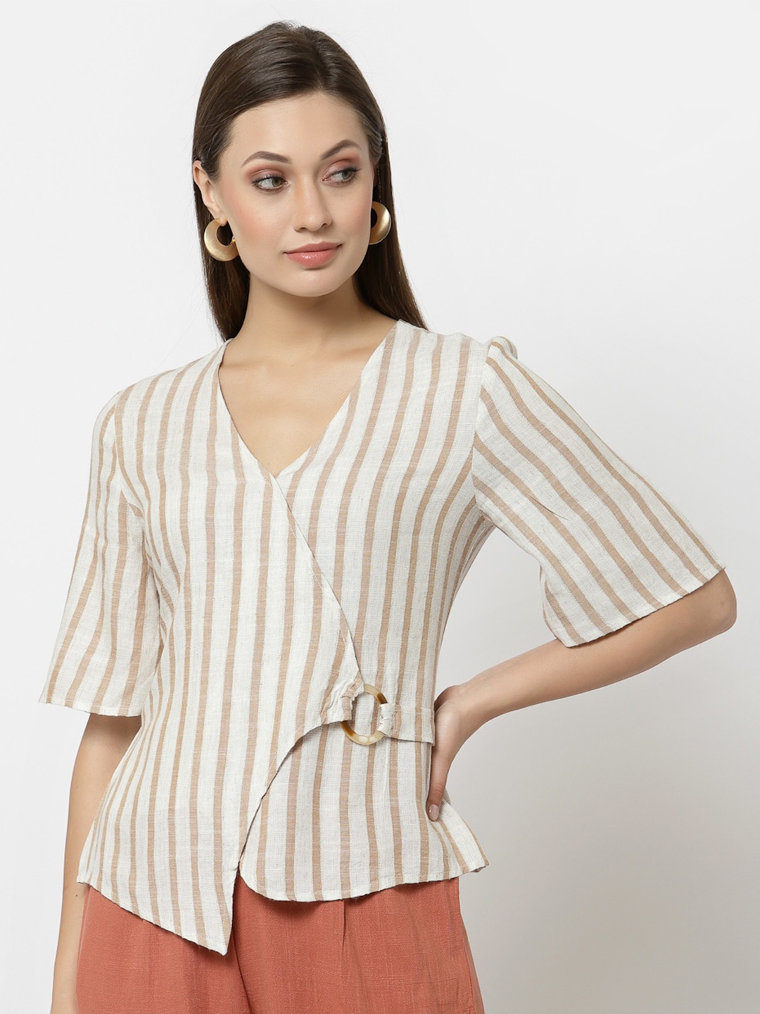 

Gipsy Beige Striped Wrap Top