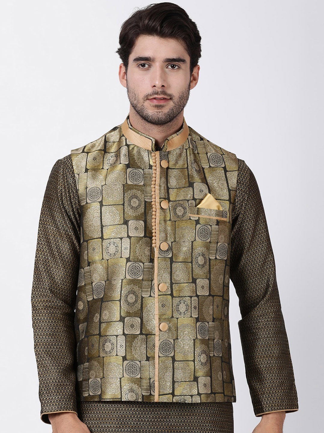 

VASTRAMAY Men Olive Woven Nehru Jackets