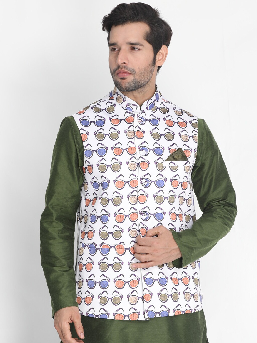

VASTRAMAY Men White & Blue Printed Slim-Fit Nehru Jackets
