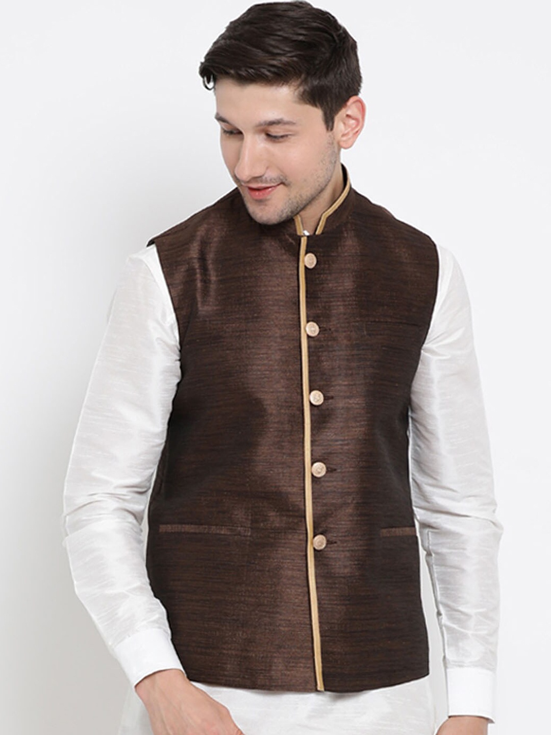 

VASTRAMAY Men Coffee Brown Solid Woven Silk Blend Nehru Jackets