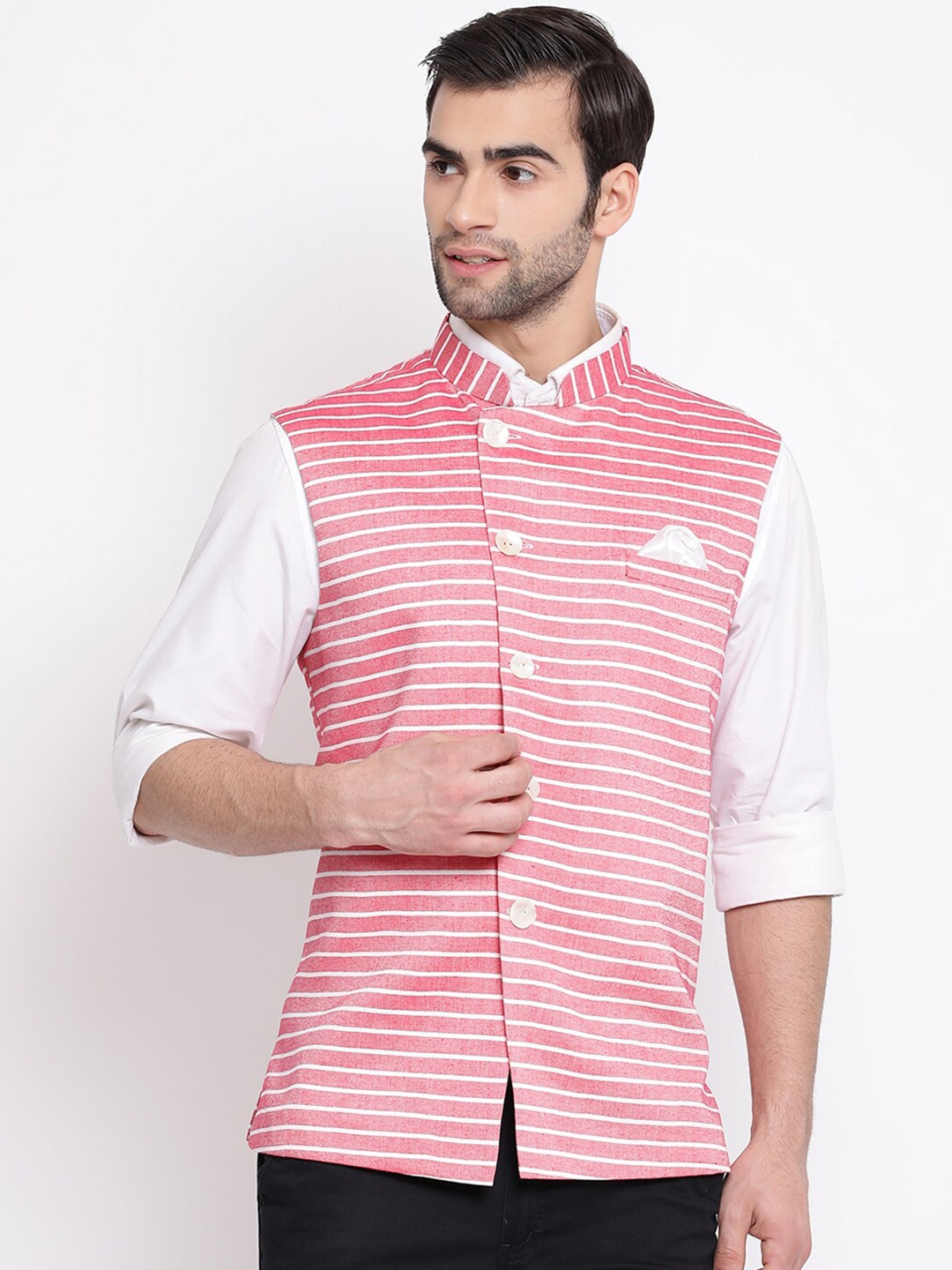 

VASTRAMAY Men Red & White Striped Slim-Fit Nehru Jacket