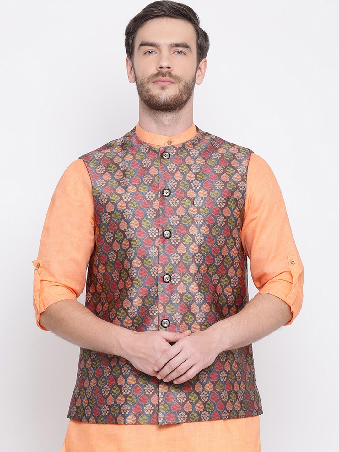 

VASTRAMAY Men Brown & Red Digital Printed Reversible Nehru Jackets