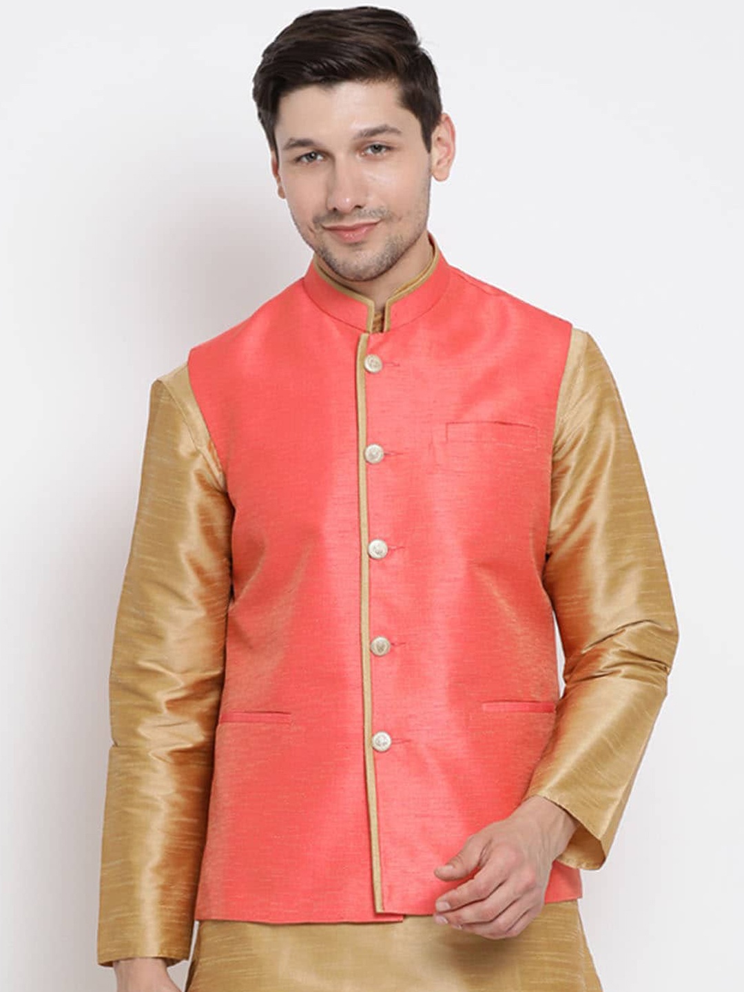 

VASTRAMAY Men Coral-Coloured Solid Slim Fit Woven Nehru Jacket