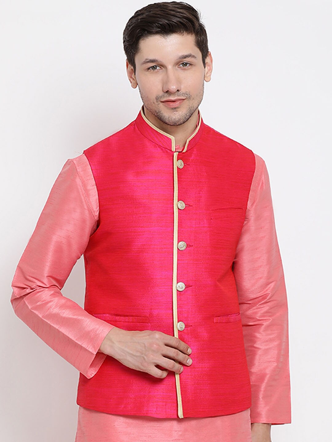 

VASTRAMAY Men Pink Solid Silk Nehru Jackets