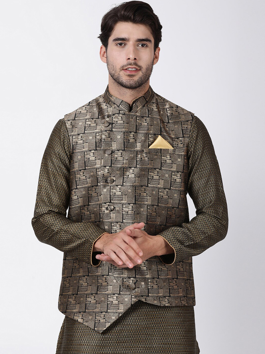 

VASTRAMAY Men Brown & Black Woven Design Slim-Fit Nehru Jackets