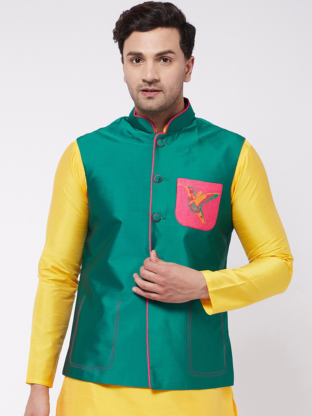 

VASTRAMAY Men Green Woven Design Slim-Fit Nehru Jackets