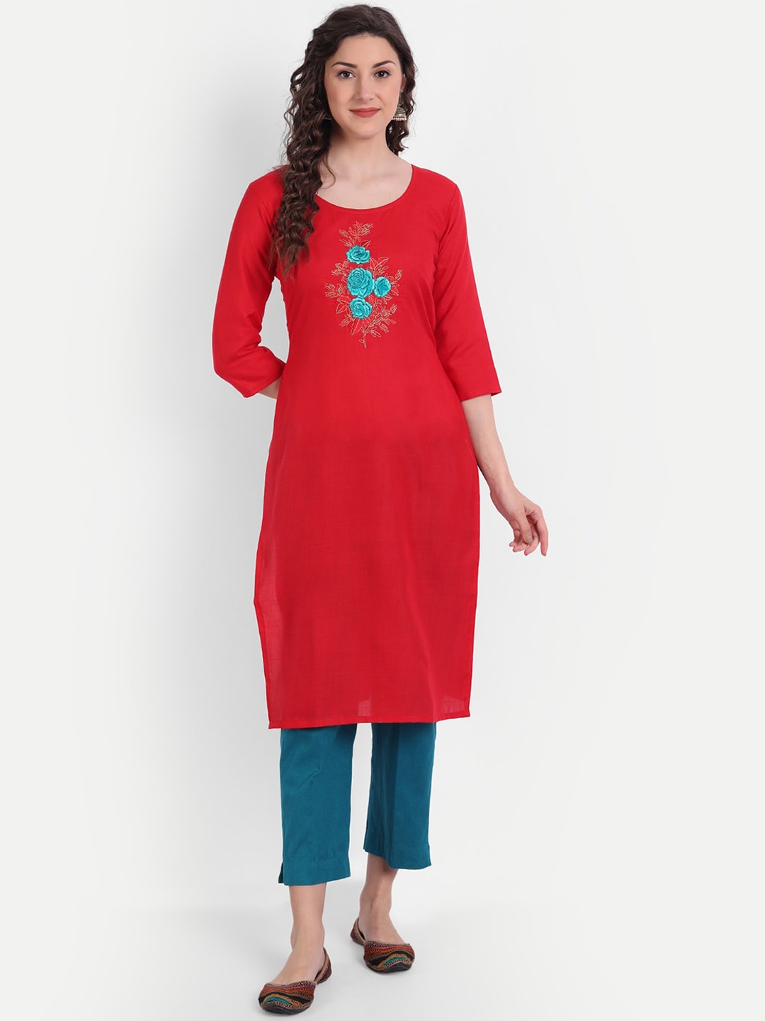 

Globon Impex Women Red Embroidered Flared Sleeves Mirror Work Floral Kurta