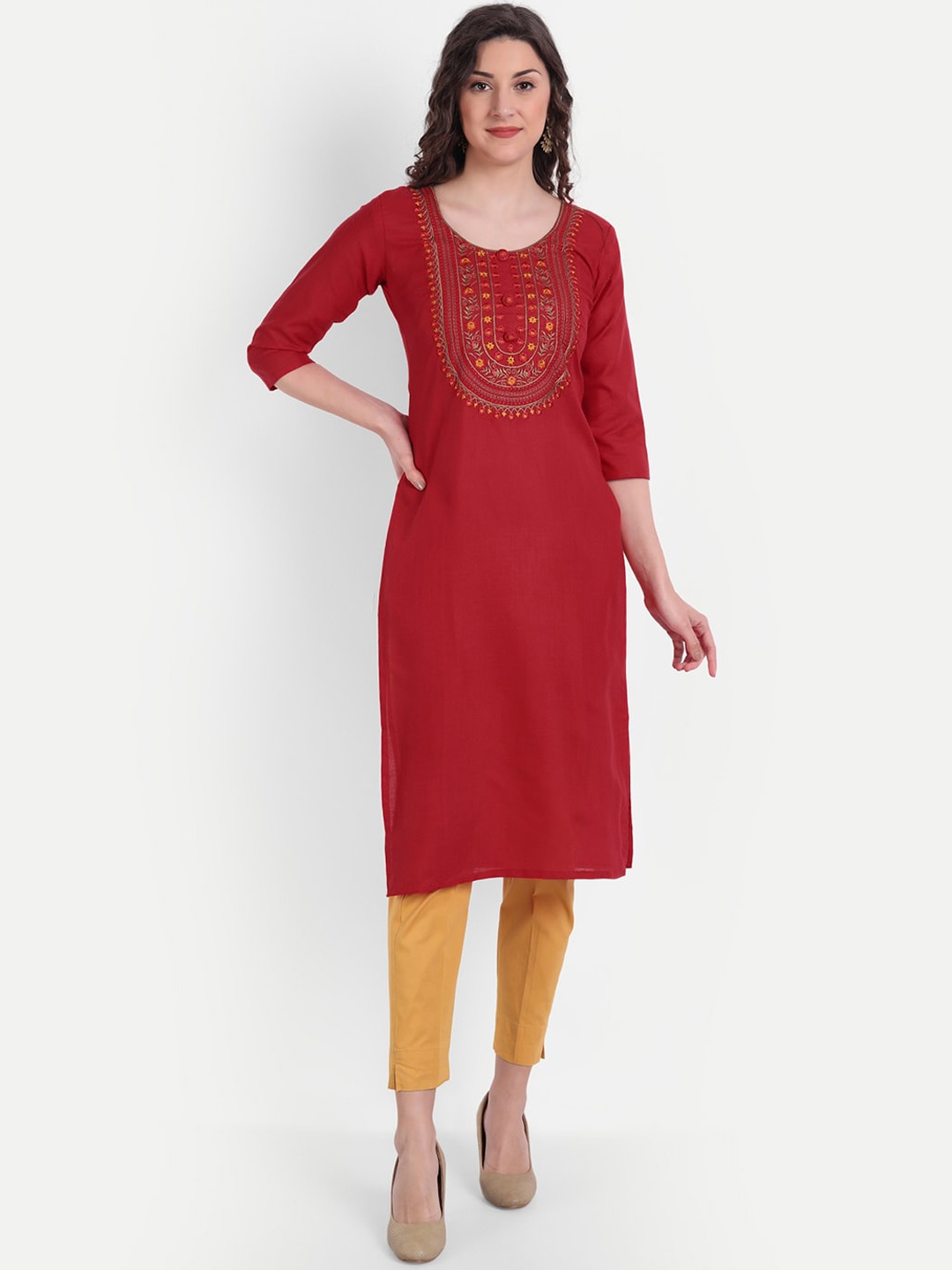 

Globon Impex Women Red Thread Work Floral Kurta