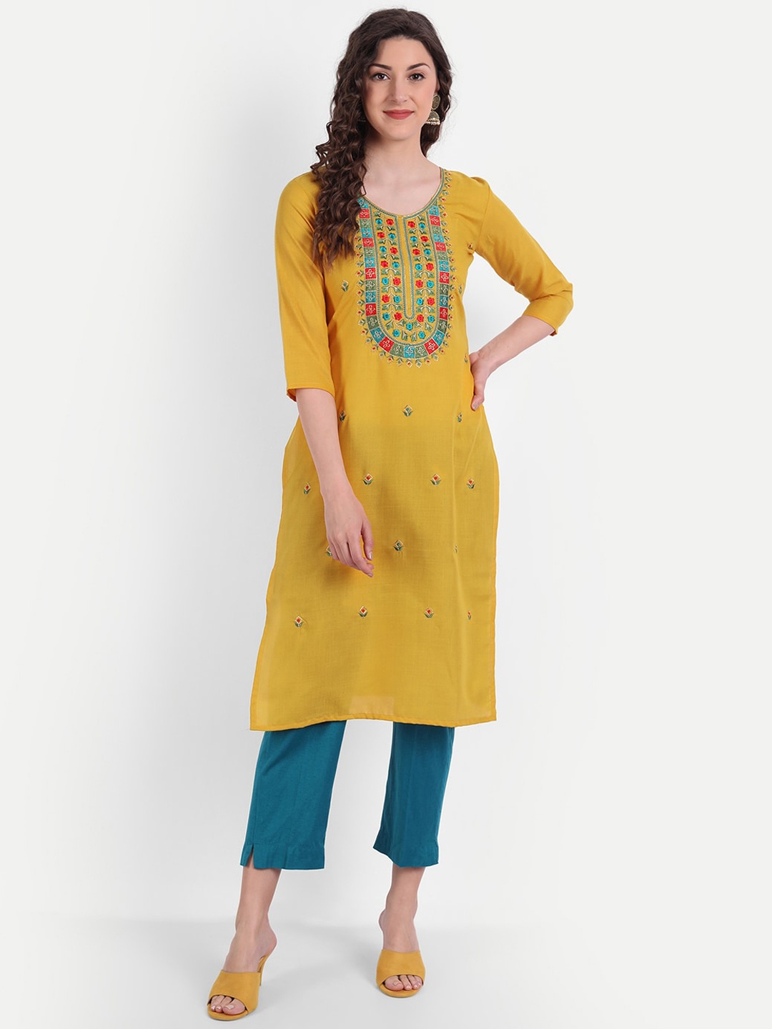

Globon Impex Women Mustard Yellow Geometric Thread Work Floral Kurta