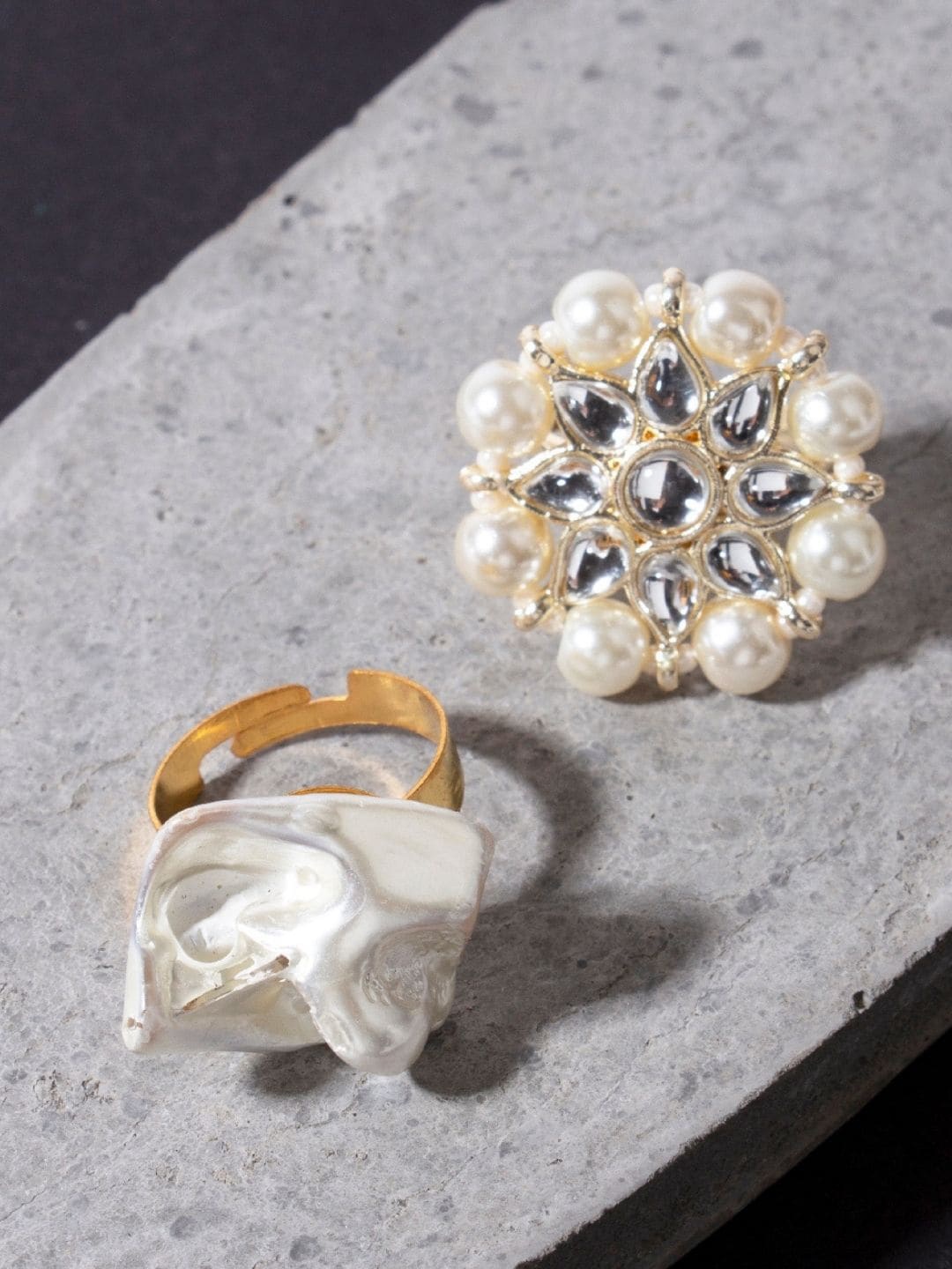 

AccessHer Set of 2 Gold-Plated White Pearl Studded & Beaded Antique Adjustable Finger Ring