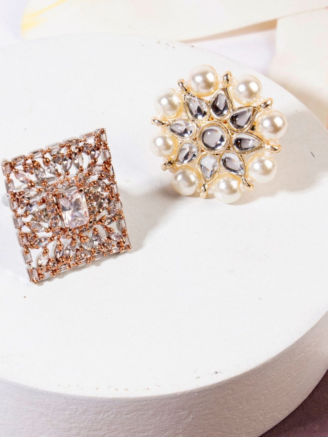 

AccessHer Set Of 2 Gold-Plated White Stone-Studded & Pearl Beaded Antique Adjustable Finger Ring