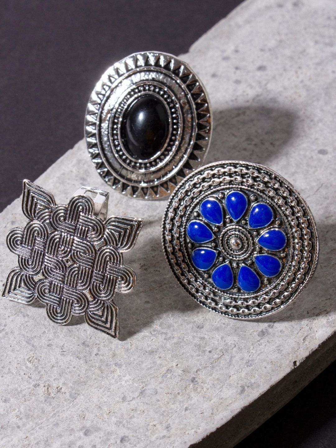 

AccessHer Women Pack of 3 Silver-Plated Blue & Black Enamelled Adjustable Finger Ring