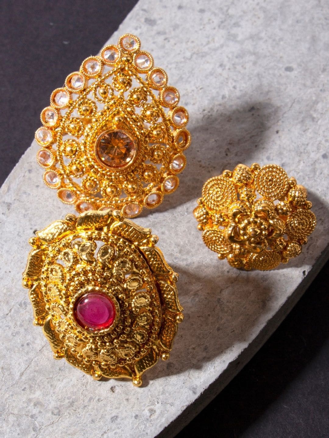 

AccessHer Set Of 3 Gold-Plated White & Pink Stone-Studded & Pearl Beaded Antique Adjustable Finger Ring