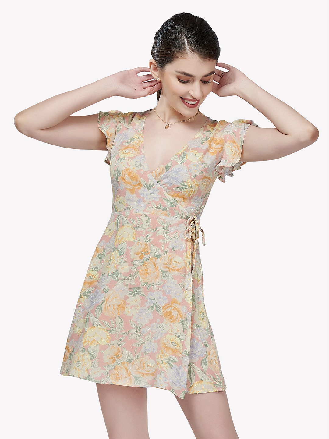 

VASTRADO Peach-Coloured Floral Mini Dress