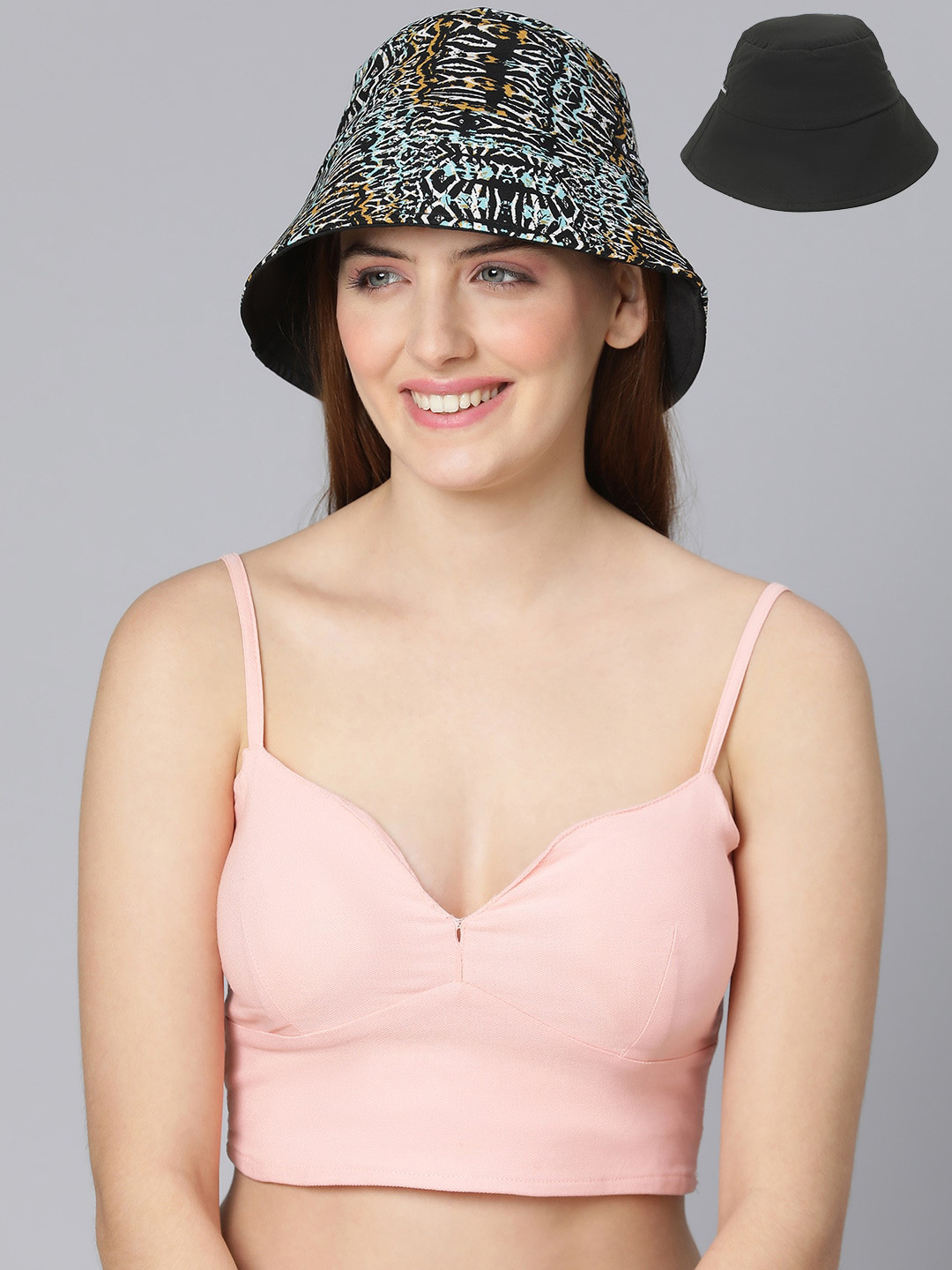 

Oxolloxo Women Black Printed Reversible Bucket Hat