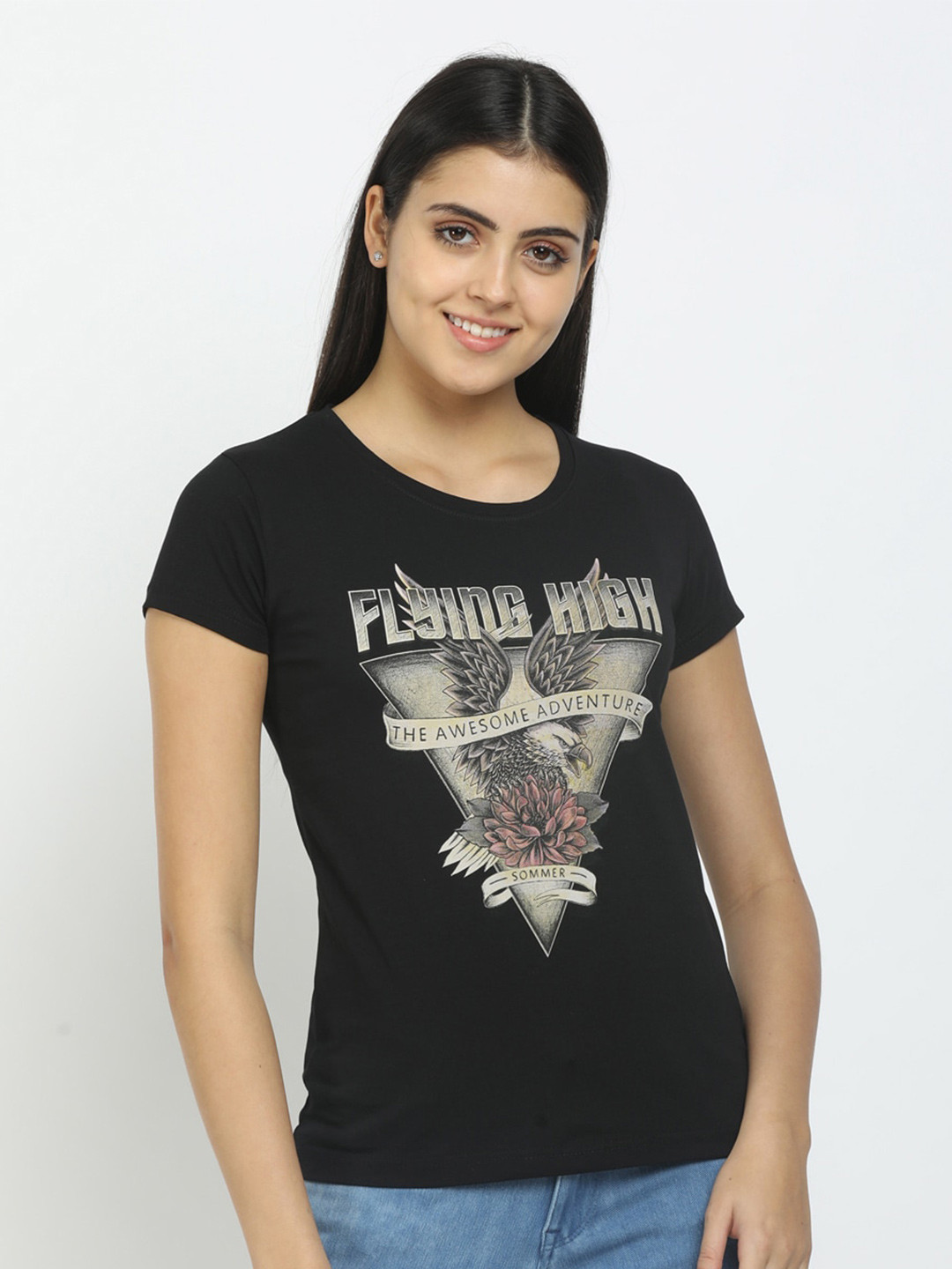 

V-Mart Women Black Printed T-shirt