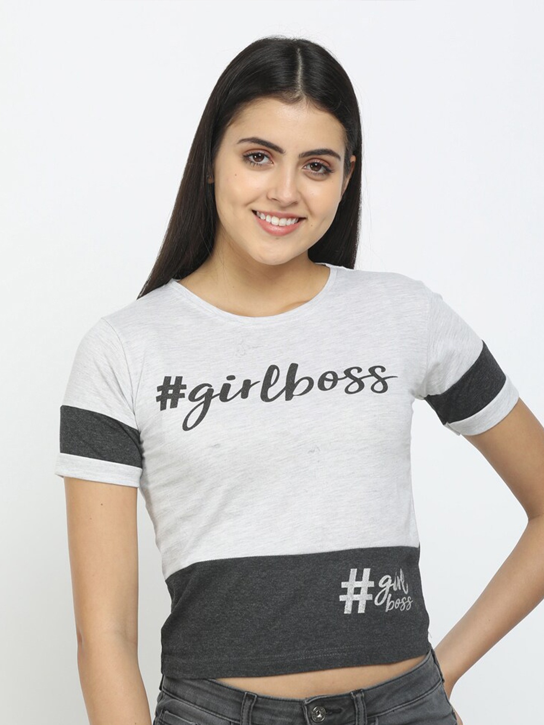 

V-Mart Women Grey Typography Striped T-shirt