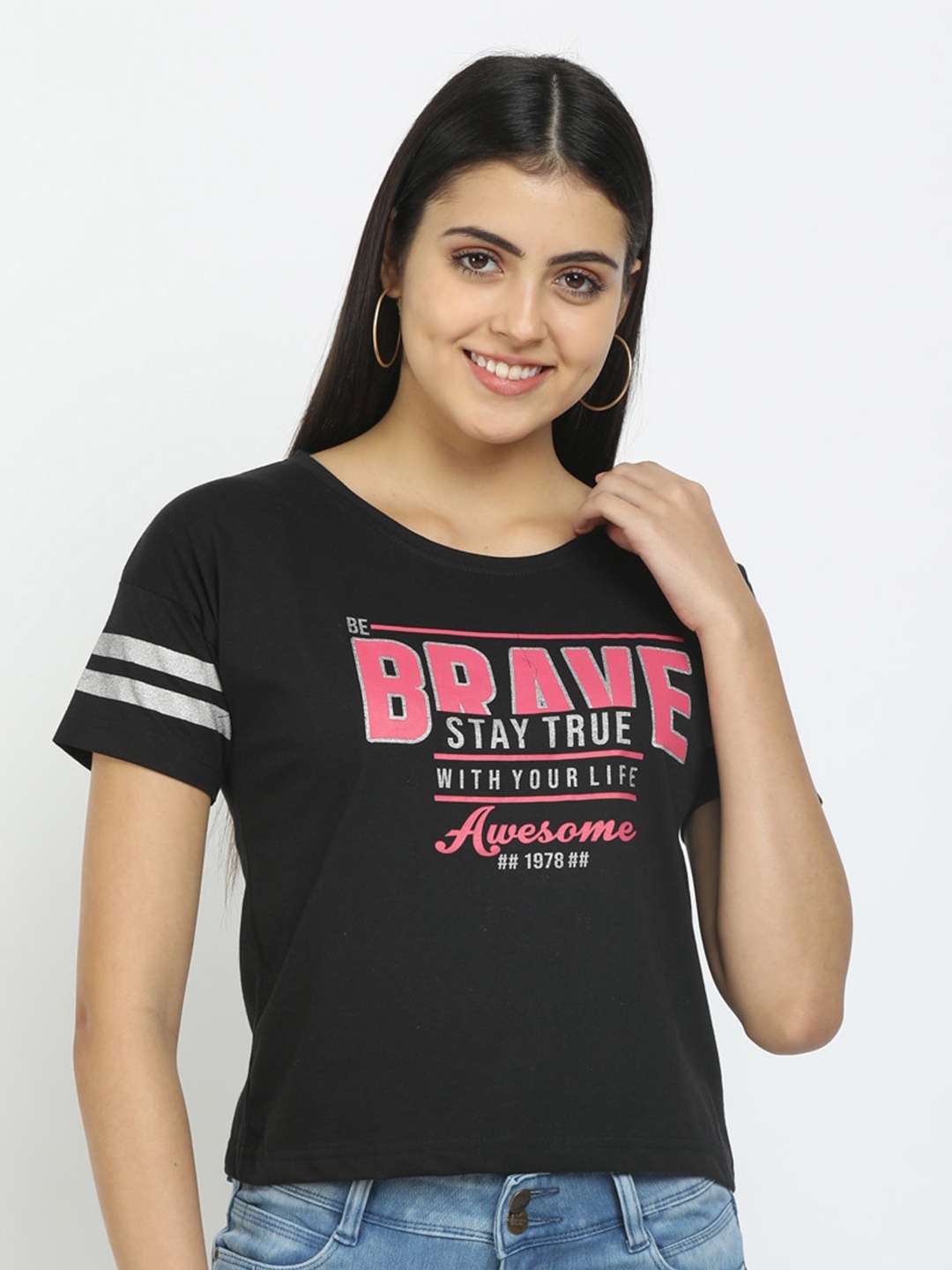 

V-Mart Women Black Typography Printed T-shirt