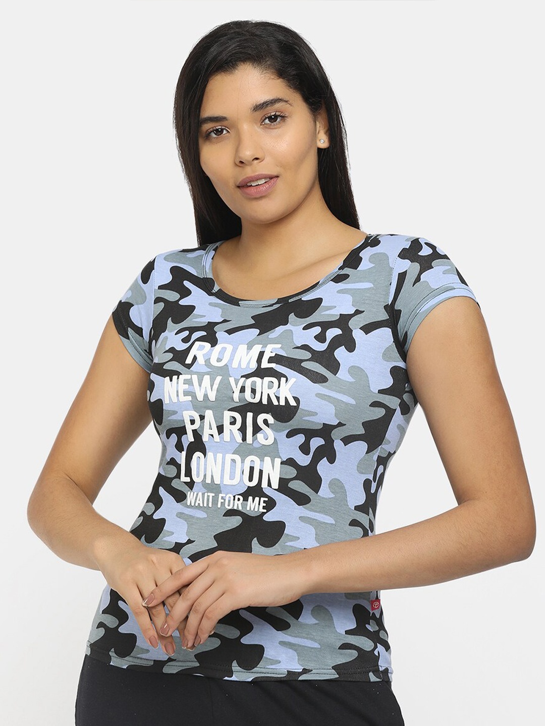

V-Mart Women Grey Printed Tropical Raw Edge T-shirt