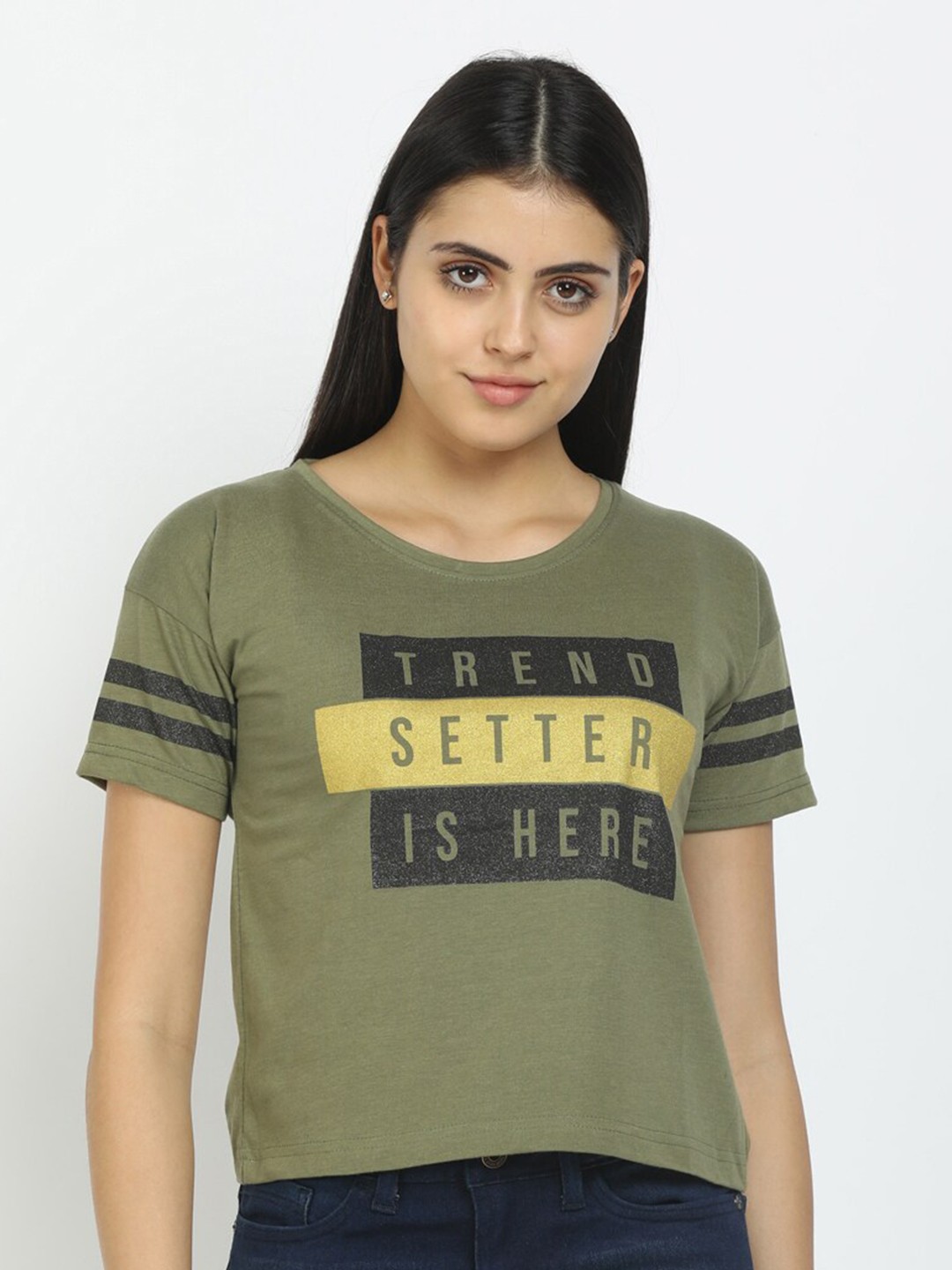 

V-Mart Women Olive Green Typography Printed T-shirt