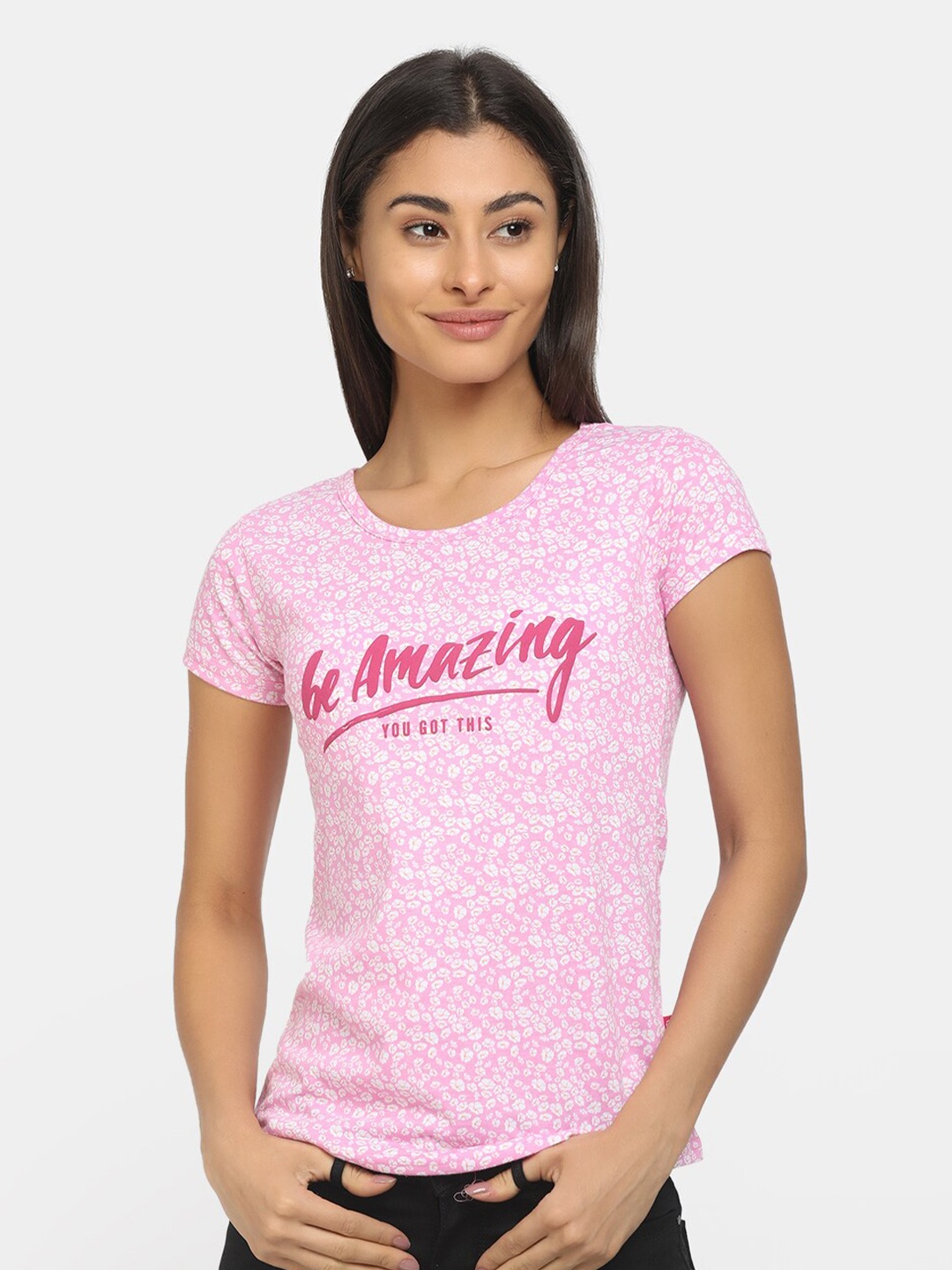 V-Mart Women Pink Typography Printed Extended Sleeves T-shirt
