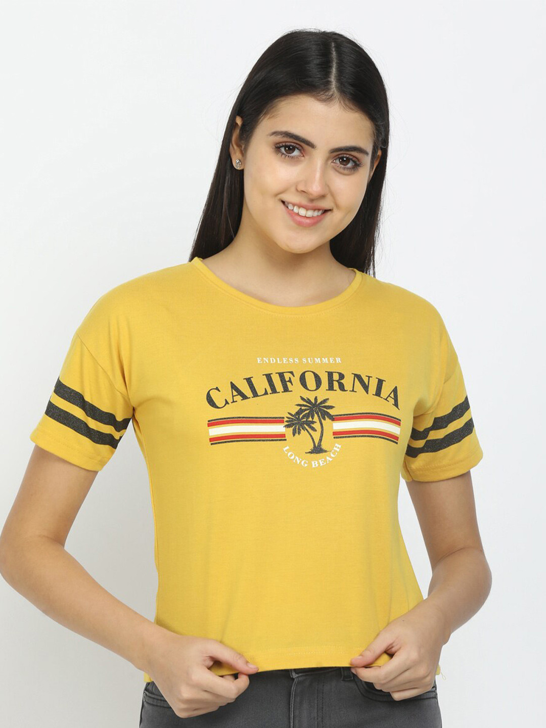 

V-Mart Women Yellow Typography Printed Applique T-shirt