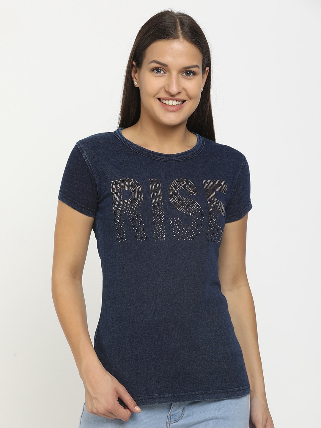 

V-Mart Women Navy Blue Typography Printed T-shirt