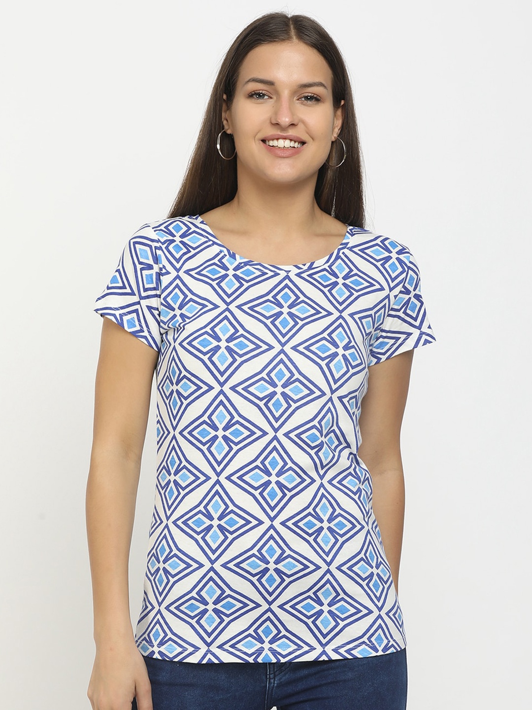 

Cherokee Women Blue Printed Extended Sleeves Raw Edge T-shirt