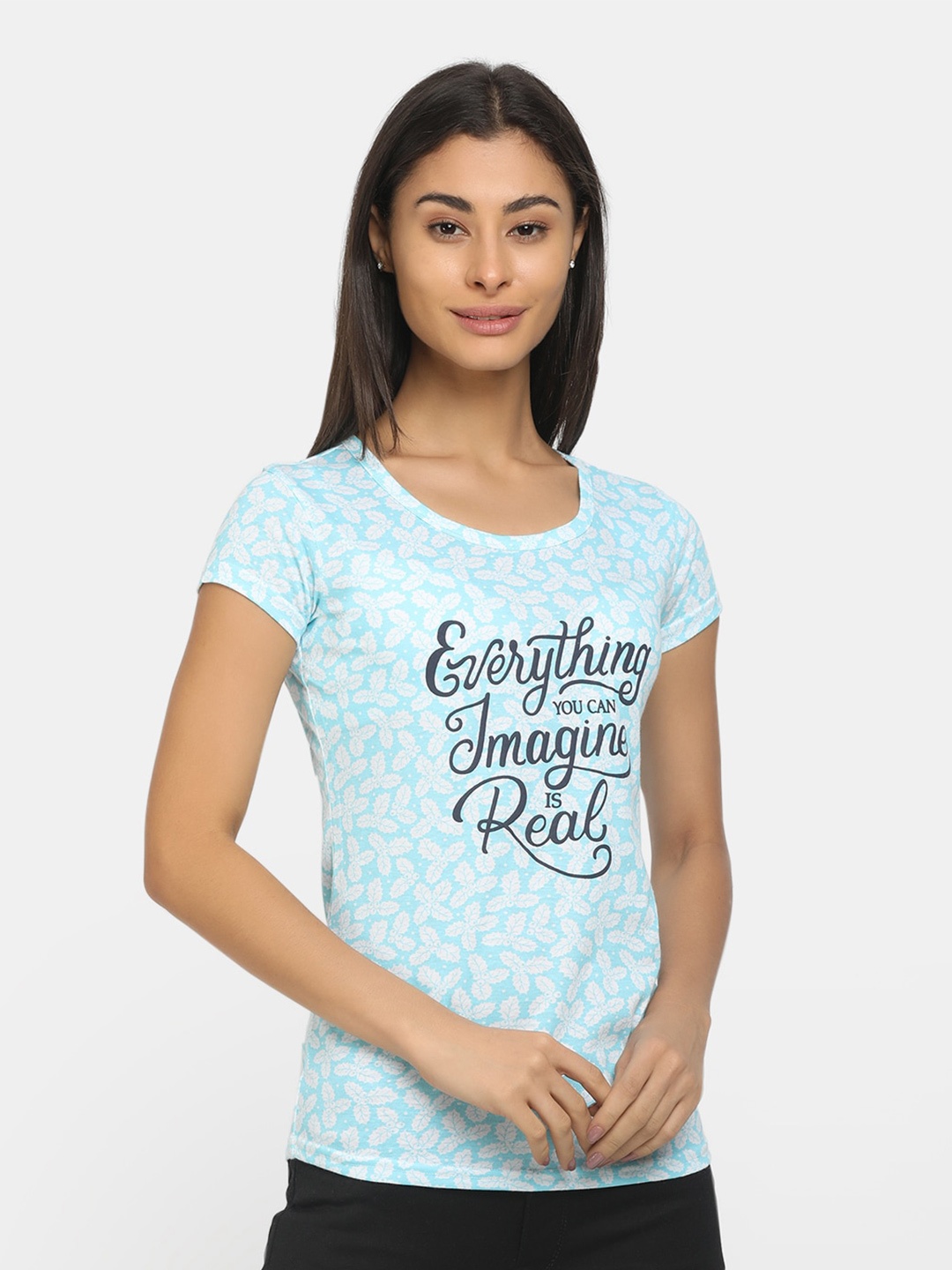 

V-Mart Women Blue Typography Printed Raw Edge T-shirt