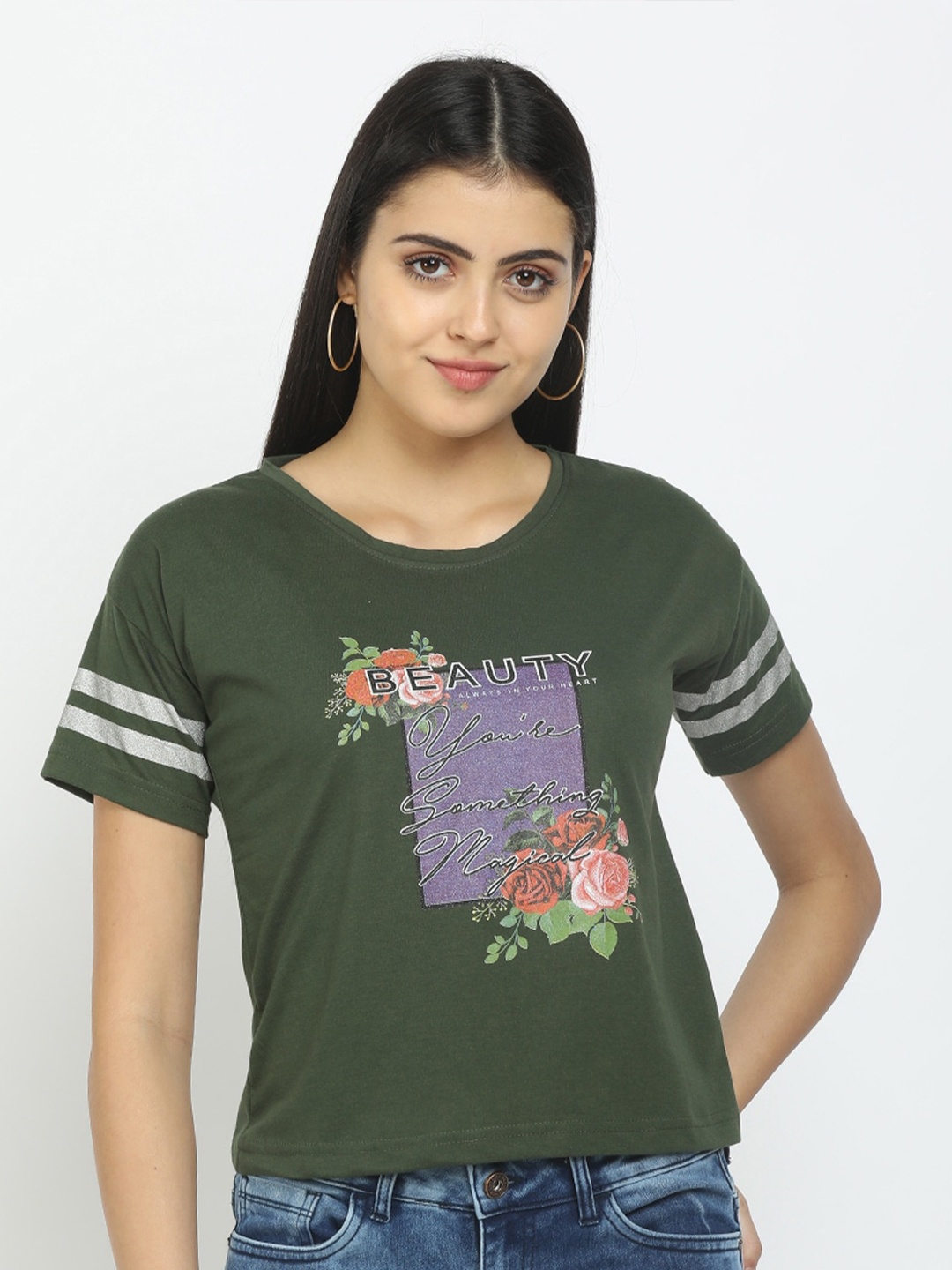 

V-Mart Women Olive Green Floral Printed T-shirt