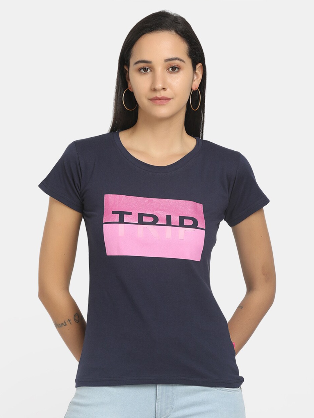 

V-Mart Women Navy Blue Printed T-shirt