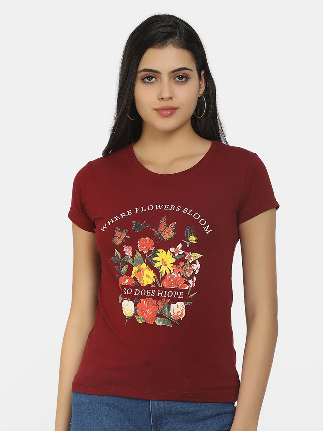 

V-Mart Women Maroon Floral Printed Applique T-shirt