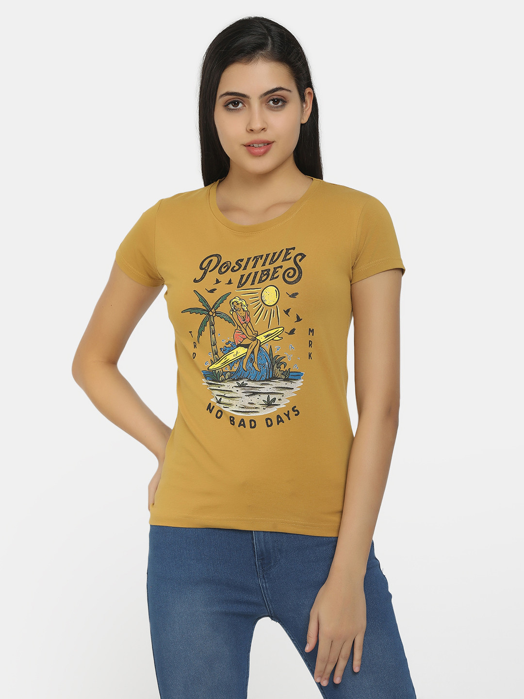 

V-Mart Women Khaki Typography Printed Applique T-shirt