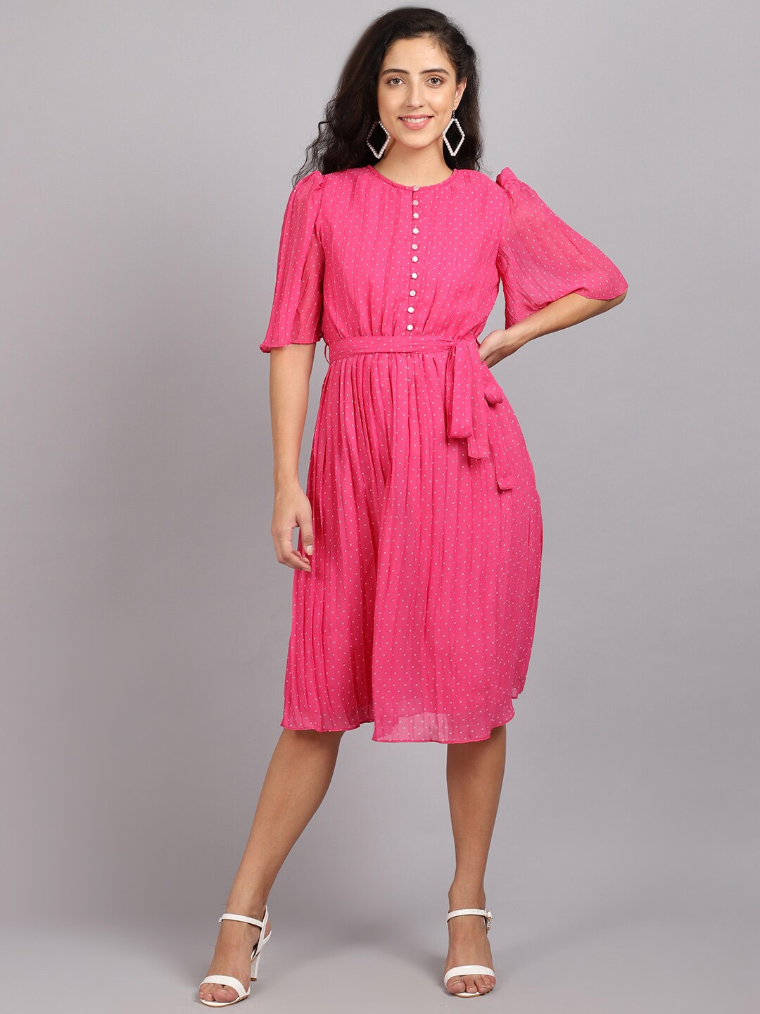 

MARC LOUIS Pink Striped Georgette A-Line Midi Dress