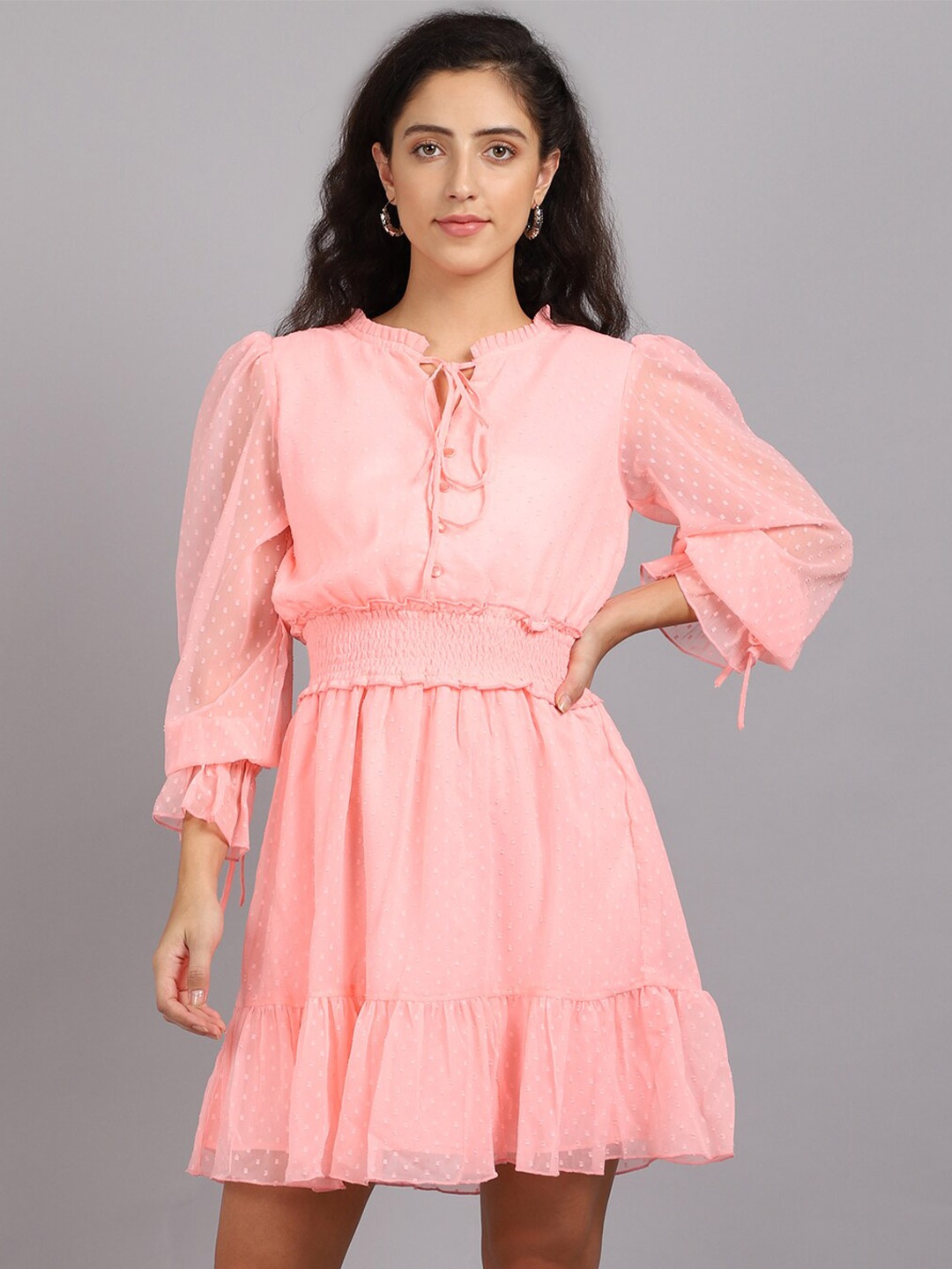 

MARC LOUIS Peach-Coloured Tie-Up Neck Georgette Dress