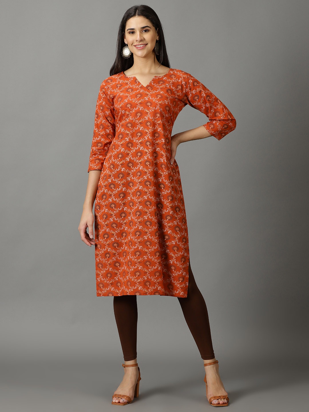 

DIVINATION Women Brown Ethnic Motifs Printed Flared Sleeves Mirror Work Kurta