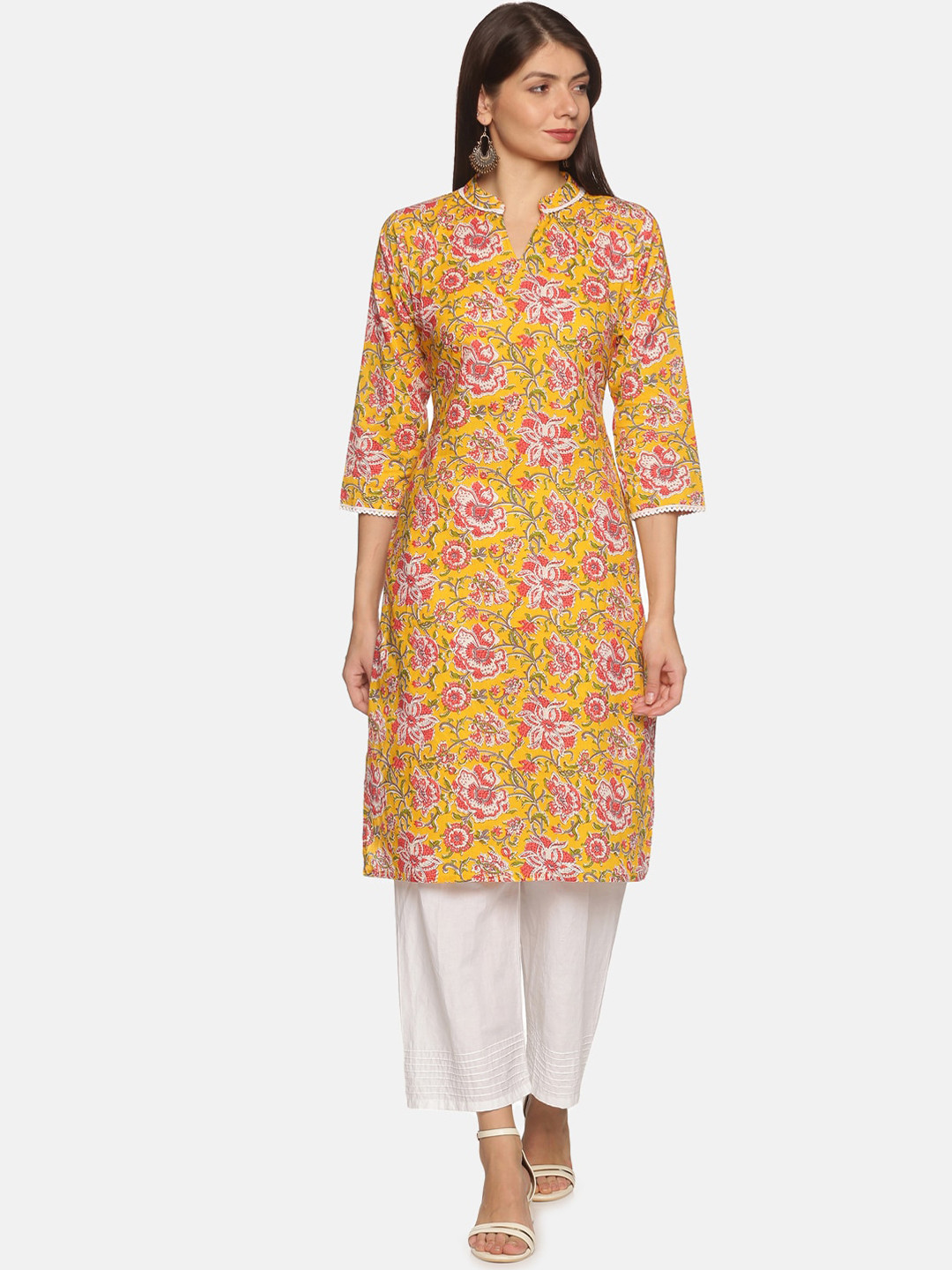 

DIVINATION Women Yellow Floral Printed Flared Sleeves Mirror Work Kurta