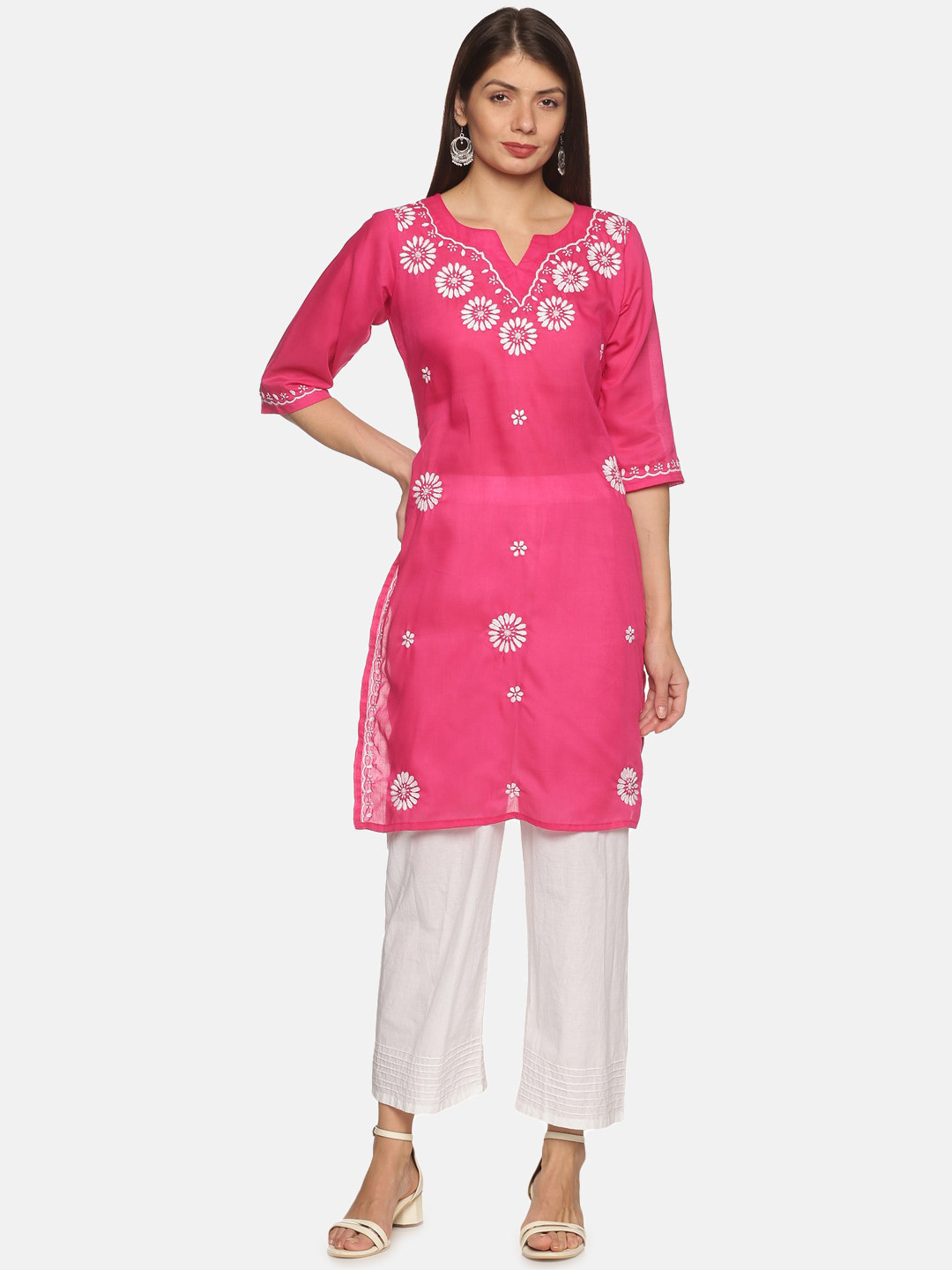

DIVINATION Women Pink Floral Embroidered Thread Work Kurta