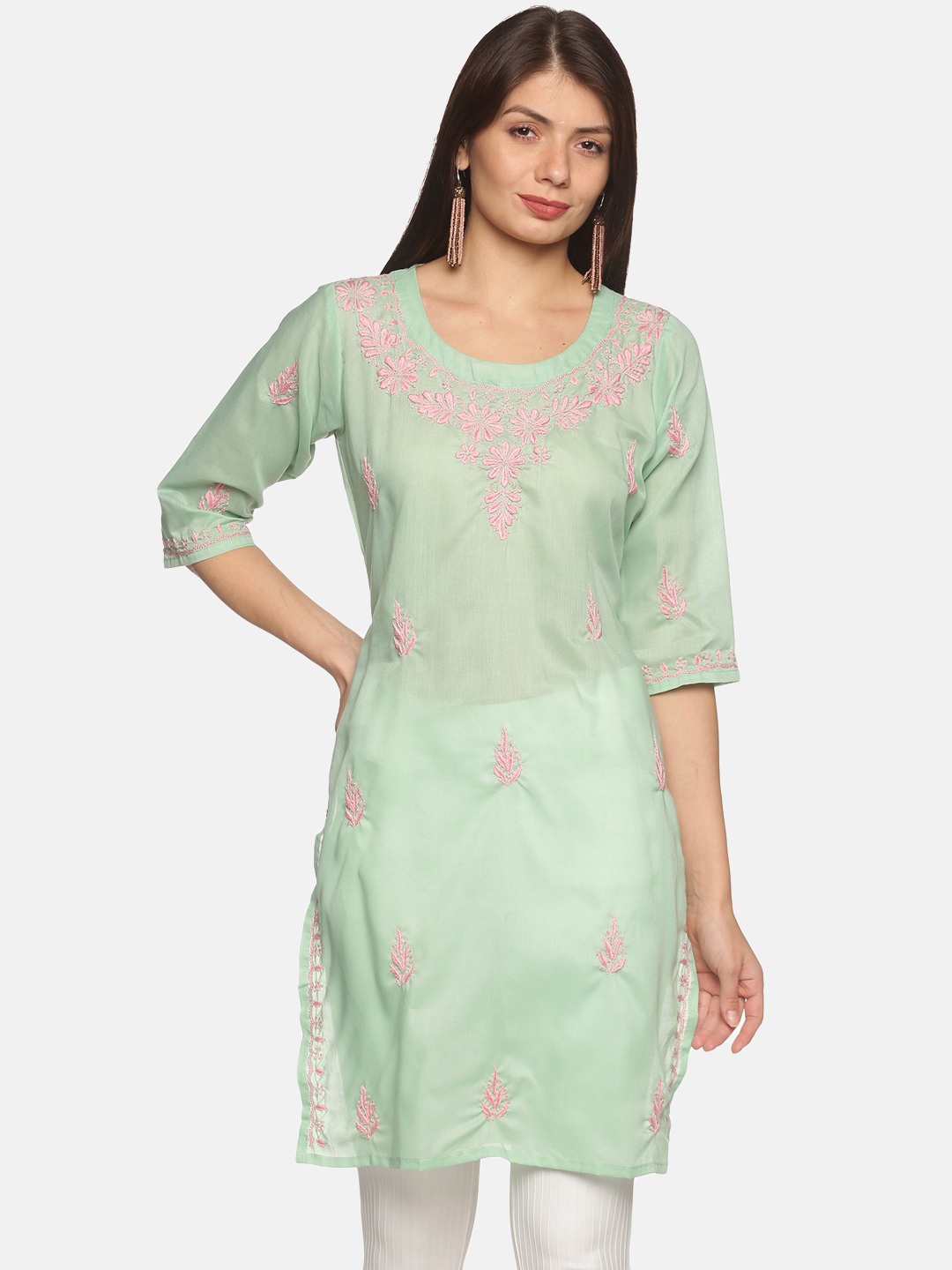 

DIVINATION Women Sea Green Floral Embroidered Thread Work Kurta