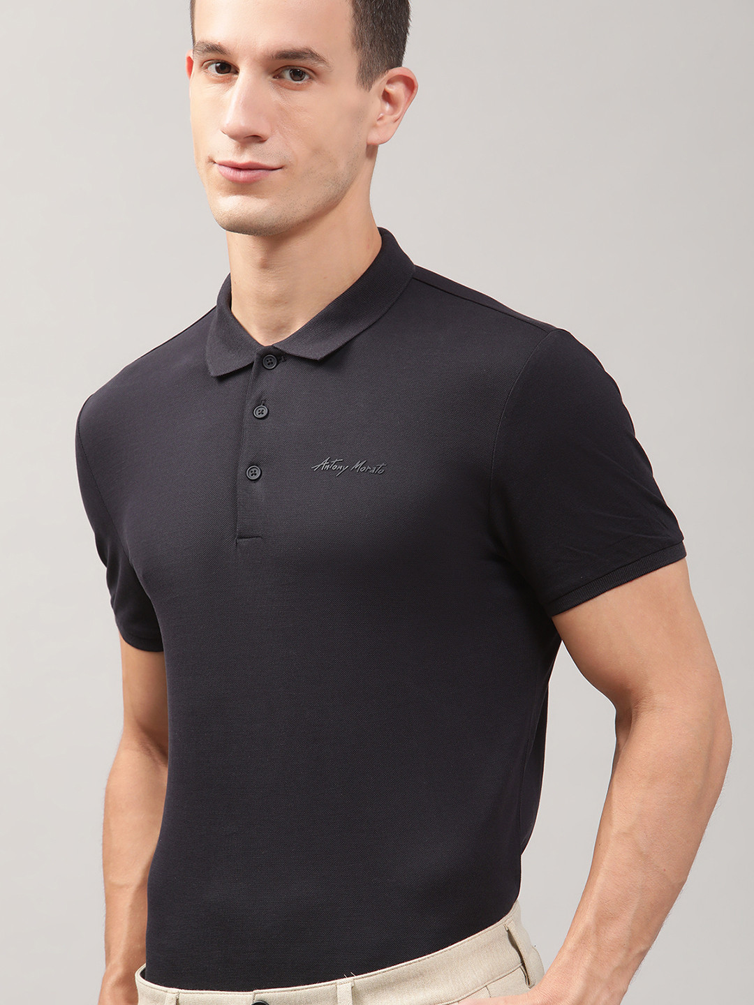 

Antony Morato Men Black Polo Collar Slim Fit T-shirt