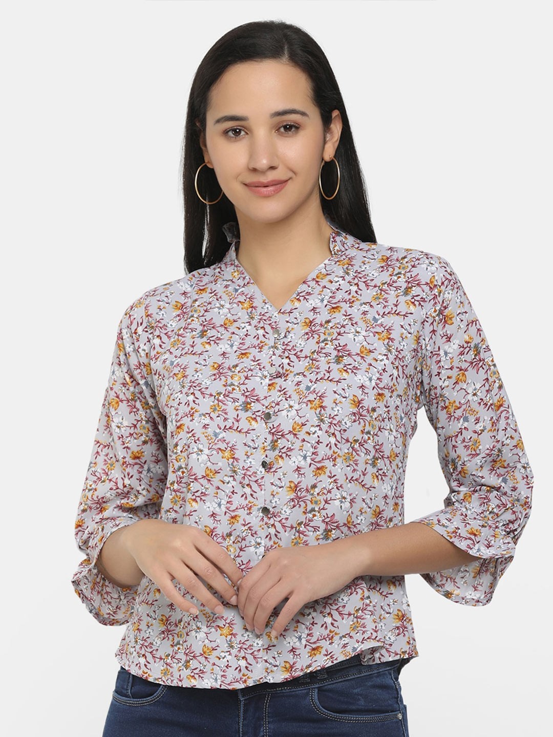 

V-Mart Grey Floral Print Mandarin Collar Top