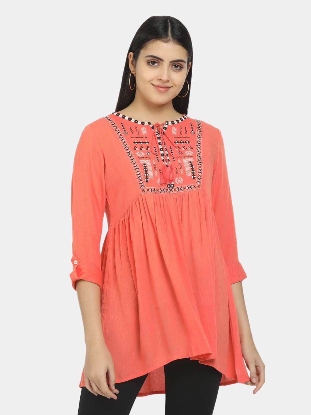 

V-Mart Ethnic Motifs Embroidered Gathred Or Pleated Regular Top, Peach