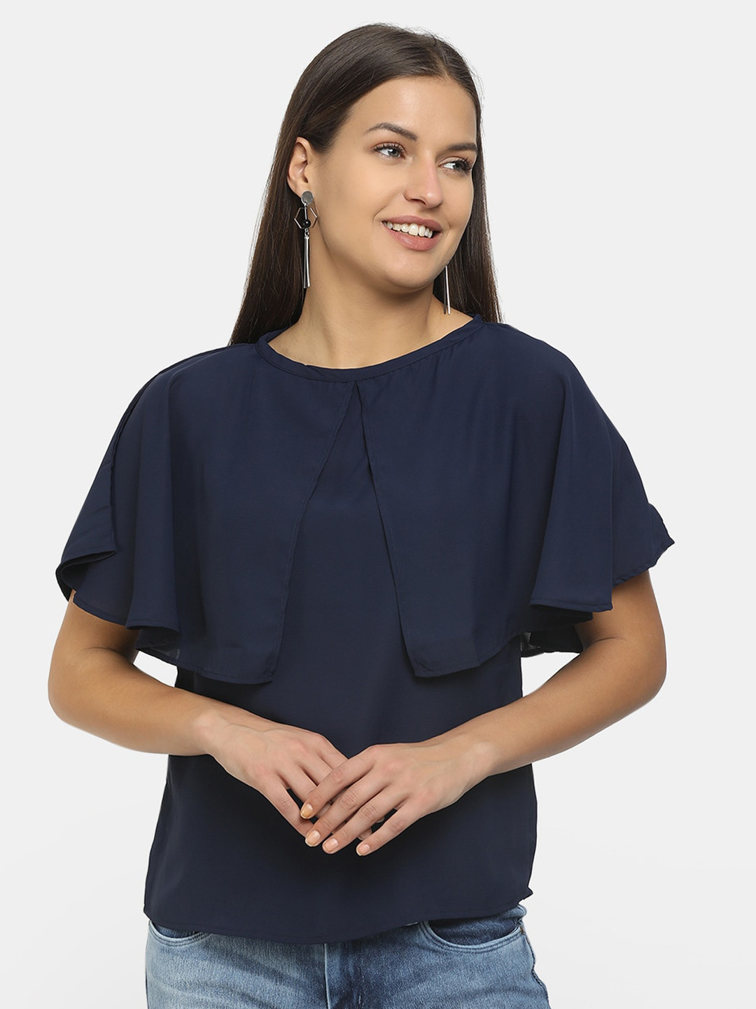 

V-Mart Women Navy Blue Solid Round Neck Cotton Regular Top