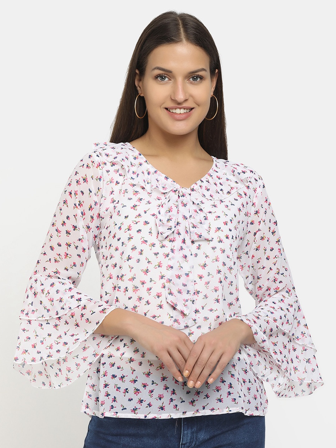 

V-Mart White Floral Print Top