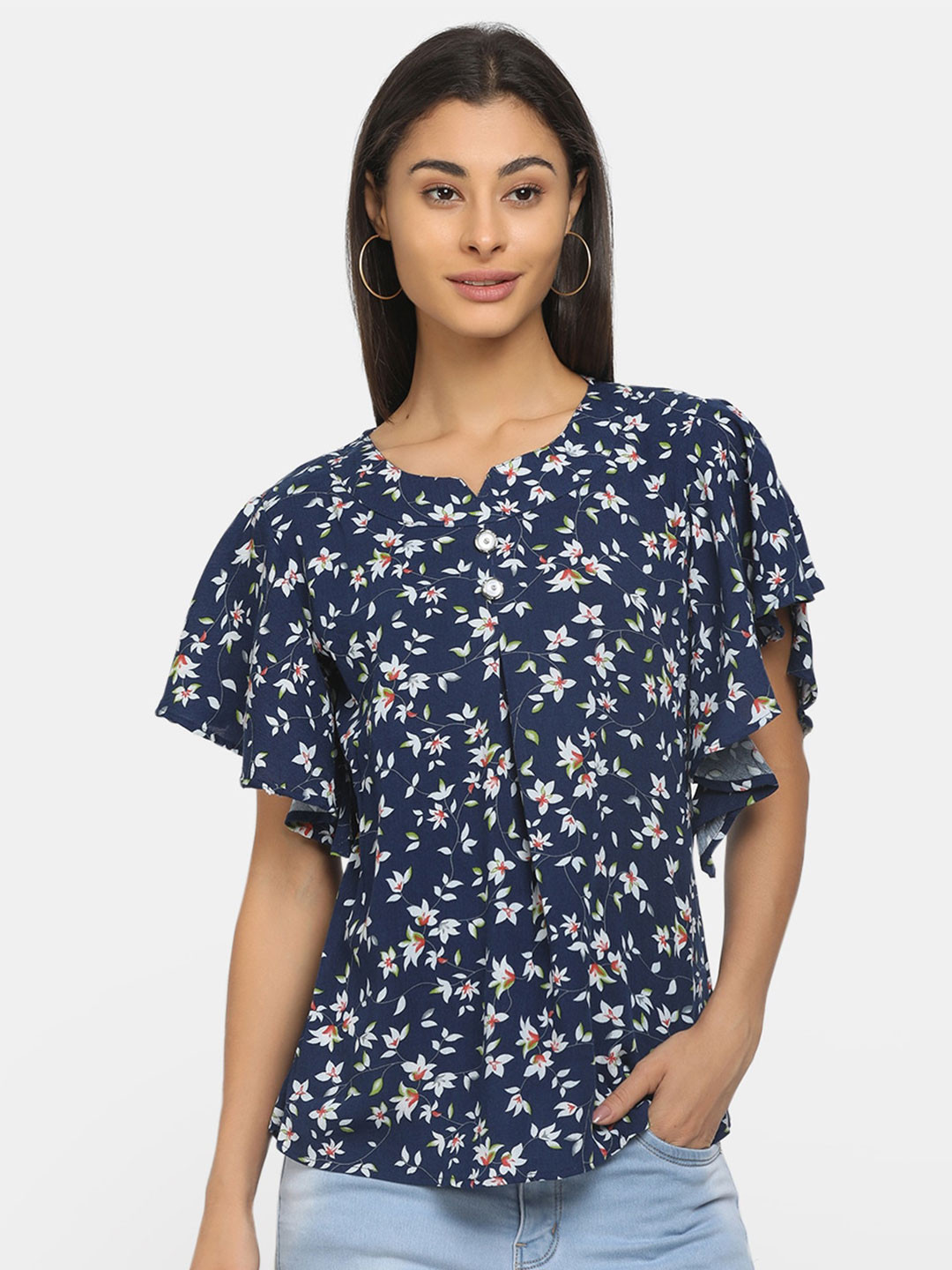 

V-Mart Navy Blue Floral Print Top