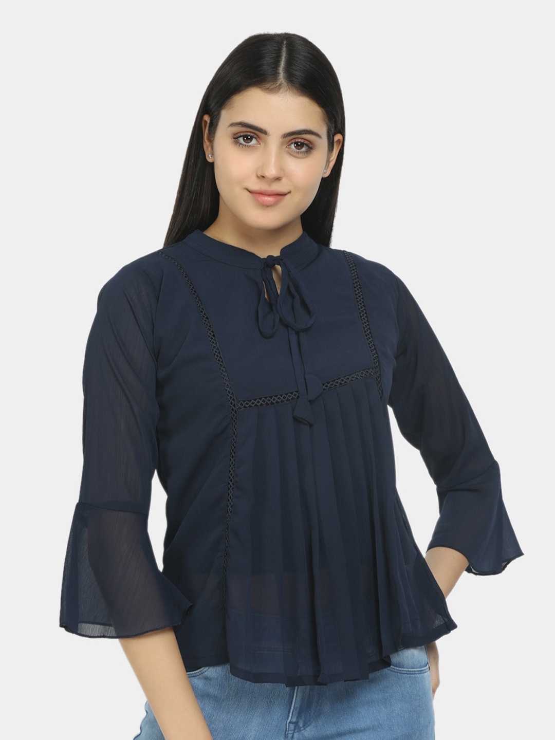 

V-Mart Navy Blue Tie-Up Neck Top