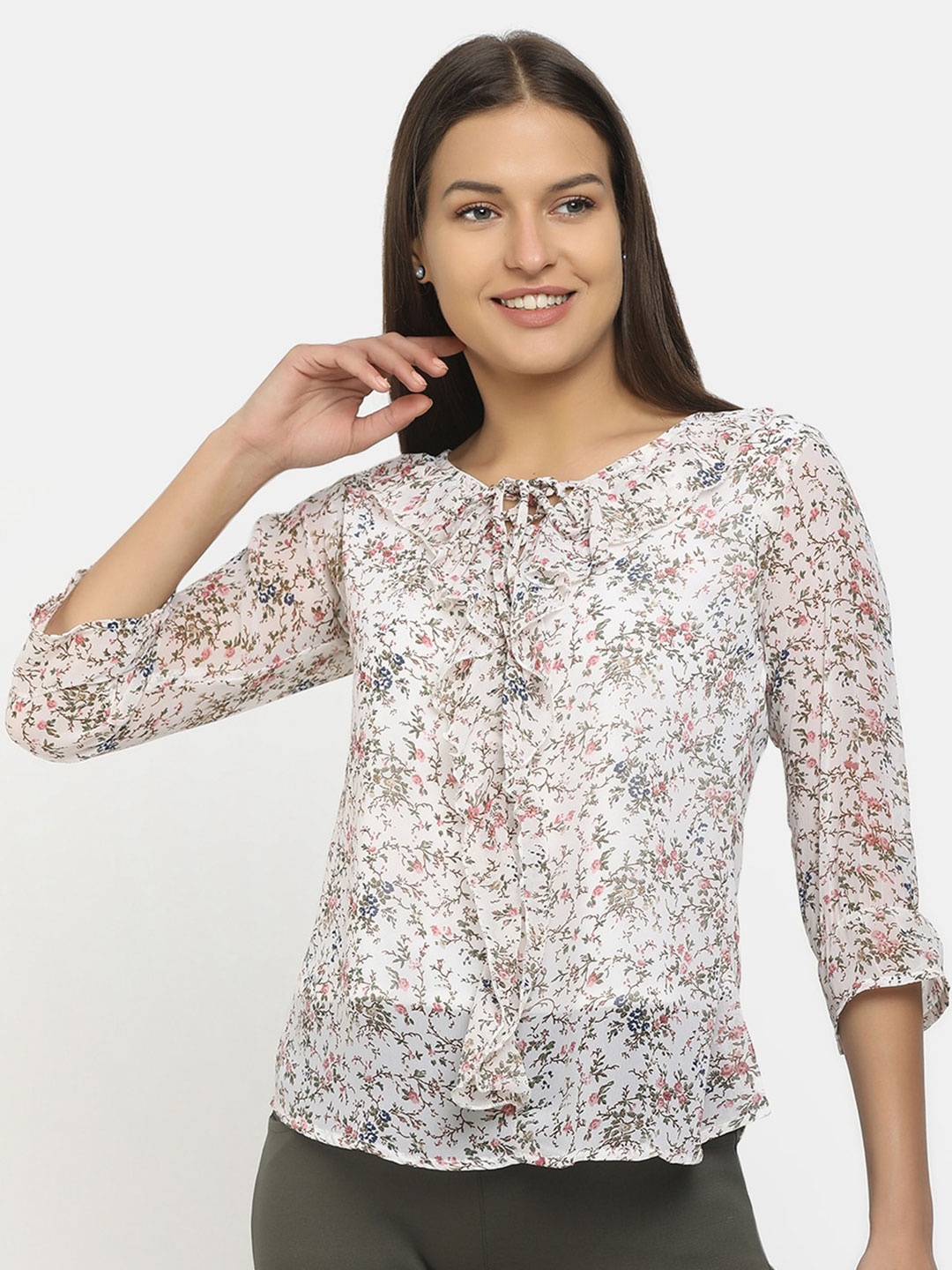 

V-Mart White Floral Print Tie-Up Neck Top