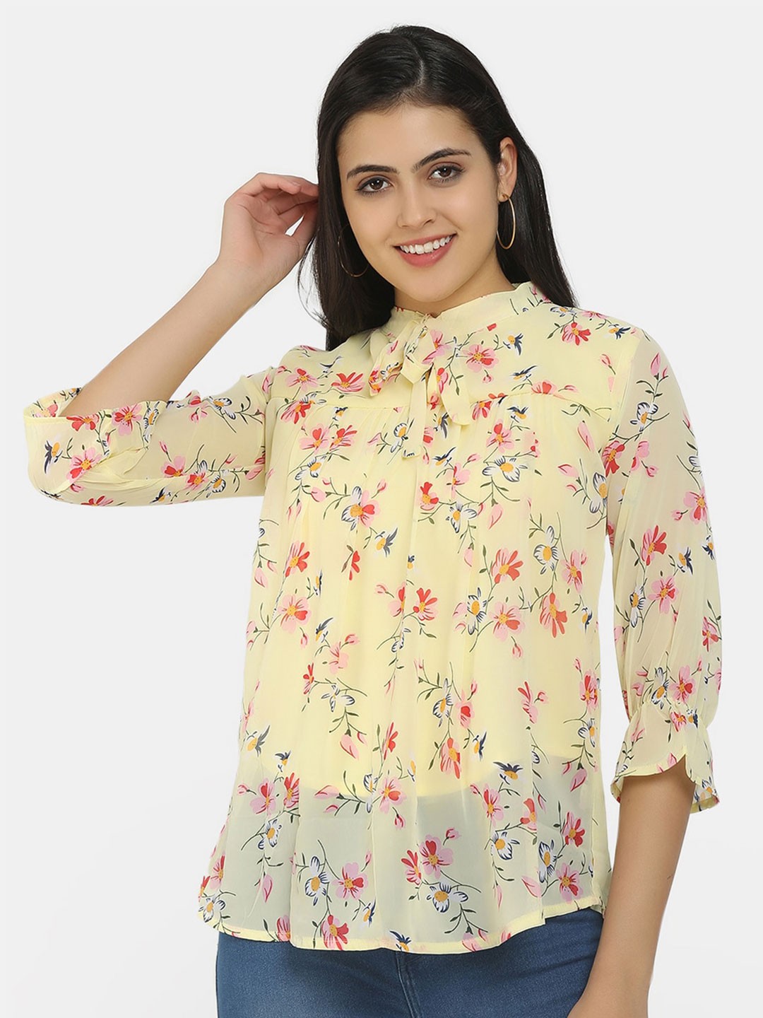

V-Mart Yellow Floral Print Shirt Style Top